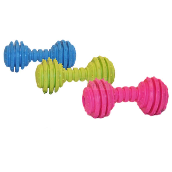Jucarie haltera cu clopotel si caneluri 12 cm