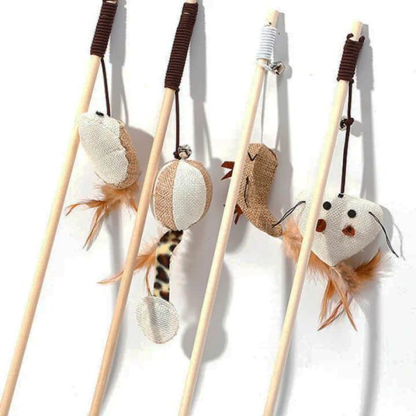 Jucarie pisici undita pe bat lemn 40 cm 3 buc/set
