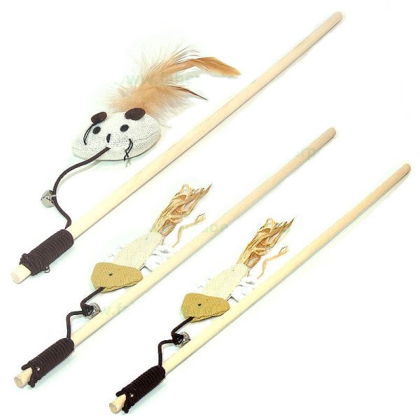 Jucarie pisici undita pe bat lemn 40 cm 3 buc/set