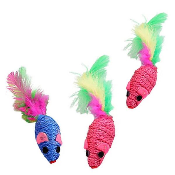 Jucarie pisici soricel sizal cu pene 5 cm 3 piese/set